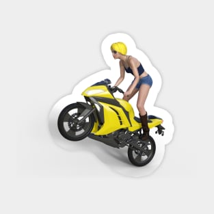 Stun lady on a yellow motorcycle Sticker